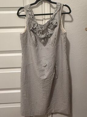 ANTONIO MELANI  Sleeveless Seersucker Dress with Ruffle Neckline